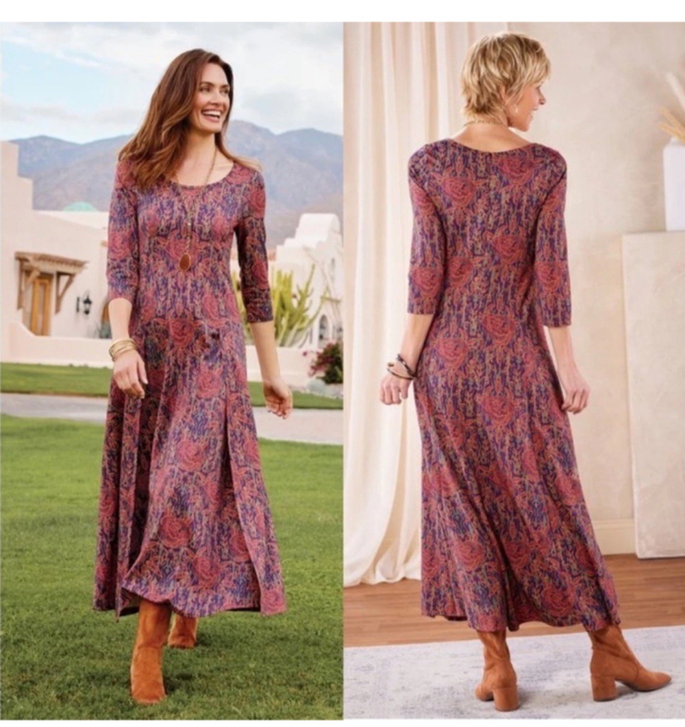 NWT Soft Surroundings Alcott Dress Floral Maxi Stretch Boho Prairie Purple XL